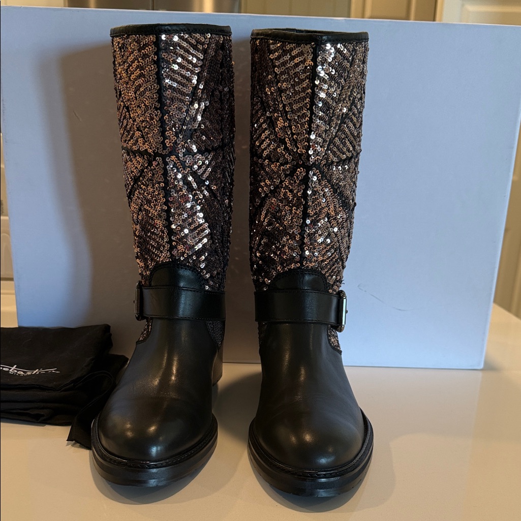 Sebastian Milano Black And Silver Sequin Heeled Boots Size 10
